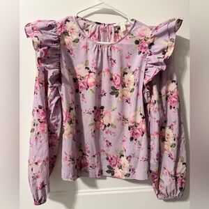 Chelsea and Violet Floral Print Balloon Sleeve Ruffle Top Size Medium